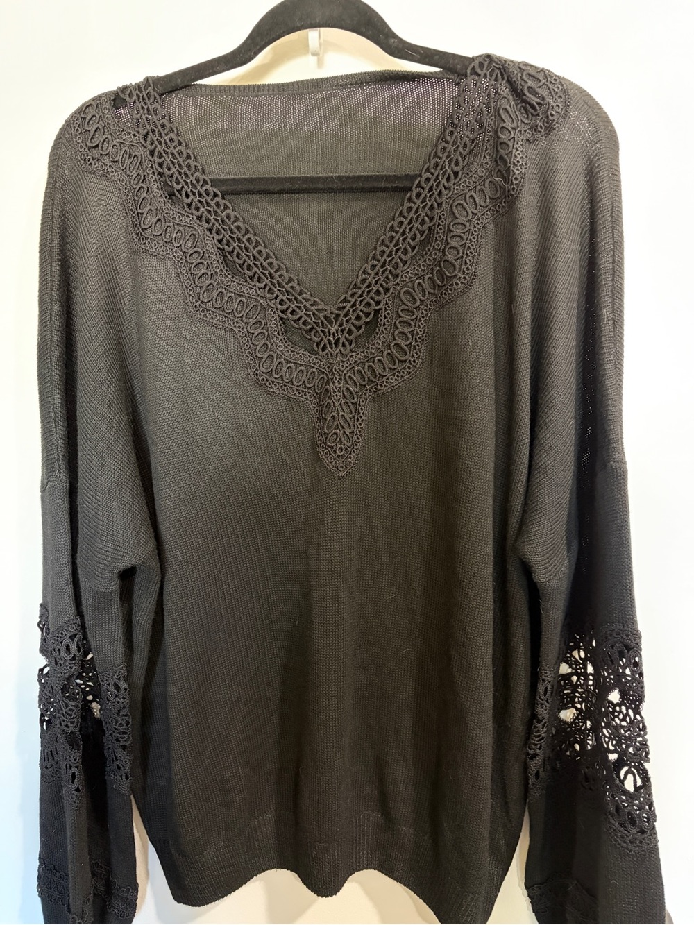Black Crochet Detail V-Neck Sweater